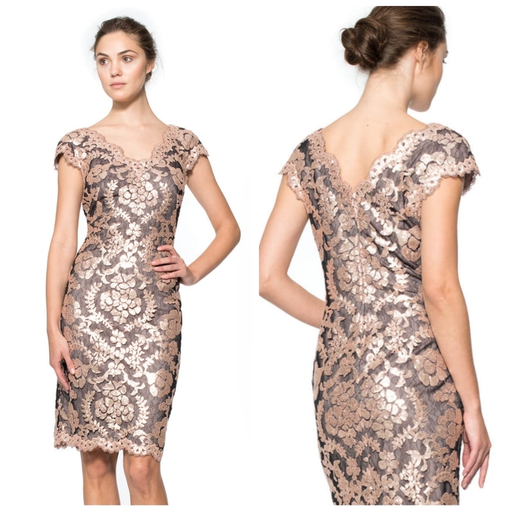 Tadashi Shoji $328 Paillette Sequin Embroidered Lace Dress Women's 8 Rose Gold
